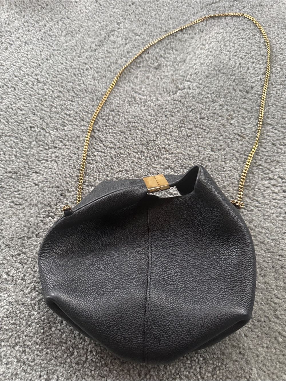 Polène Black Pebbled Leather Shoulder Bag with Gold Chain